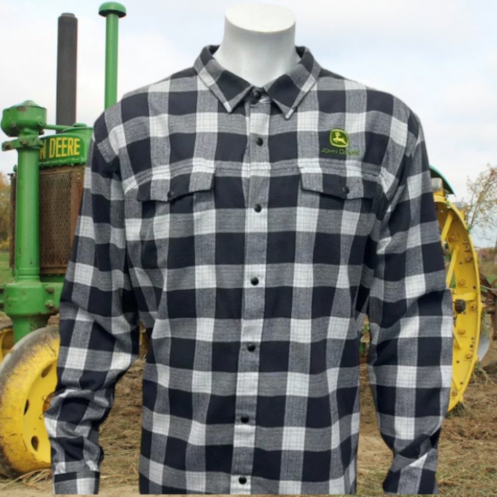 John Deere Stormtech Performance Black White Buffalo Check Light Flannel Shirt